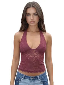 Caraco en Dentelle à Col Halter Sexy pour Femmes Coupe Slim Top Court Sans Manches Couleur Unie Polyester Débardeur Basique