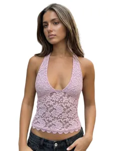 Haut court licou en dentelle rose pour femmes sexy slim sans manches été caraco nouveau