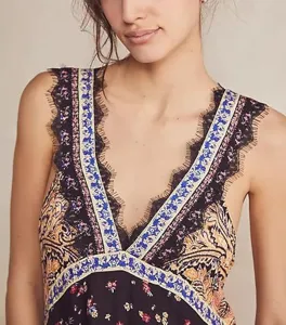Detailaufnahme des V-Ausschnitts mit Spitzenborte und Blumenprint im Sommer-Stil.