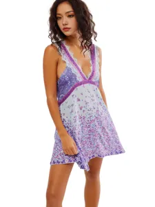 Damen Böhmen Blumen Bedruckt V-Ausschnitt Spitzen Slip Kleid Sommer Casual Strandkleid