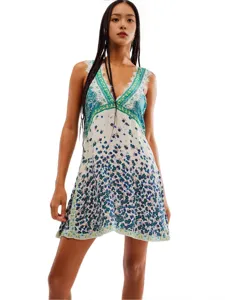 Boho Blumenmuster V-Ausschnitt Spitzenbesatz Slipkleid fur Damen Sommer Strandkleid