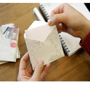 Vista dettagliata di una mini busta in stile mappa retro con carta e decoro vintage.