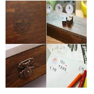 Wooden stamp box set detail view showing vintage wood texture, metal clasp and alphabet stamps.