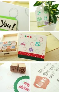 Cute Korean stationery wooden stamp detail view showing natural minimalist diary patterns.