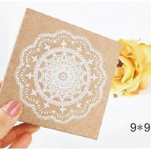 Square kraft paper craft box featuring elegant white lace pattern design, 9x9cm size.