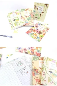 Fresh floral watercolor accounting notebook detail view, home financial budget planner.