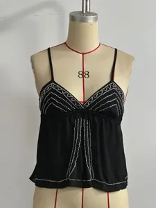 Sexy beaded V-neck camisole top, trendy summer short black tank top for stylish women.