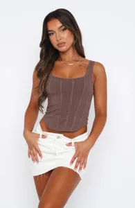 Top court côtelé marron à col carré, caraco corset élégant et ajusté pour les femmes.