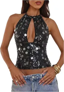 Women sparkly sequin halter crop top sexy keyhole sleeveless open back club party wear