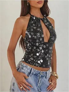 Stunning sequin halter crop top featuring an open back design, perfect for summer parties.