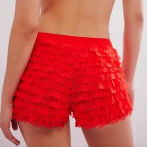 Women red ruffled lace shorts, low waist Lolita layered wave beach hot pants sexy.