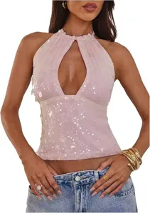 Pink sequin halter top featuring a stylish front keyhole cutout, sleeveless and backless design.