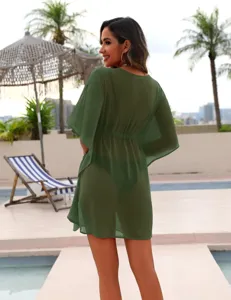 Dames groene strand resort jurk transparant korte mouw trekkoord zwemkleding cover up.