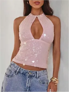 Pink sequin halter top detail showing sparkle fabric, sleeveless design, and stylish cut.