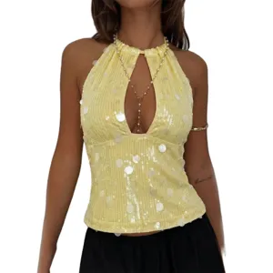 Summer fashion women's sequin halter neck sleeveless backless crop top yellow sexy apparel.