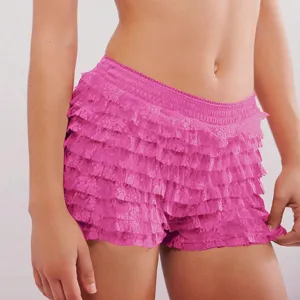 Pink lace ruffle layered shorts cute lolita low waist lounge beach hot pants women