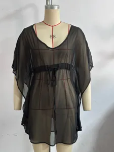Zwarte strandjurk voor dames transparant V-hals vleermuismouwen zomer badmode chic