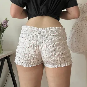 Donna vita bassa stampa ciliegia pantaloncini arricciati casual bordo pizzo estate