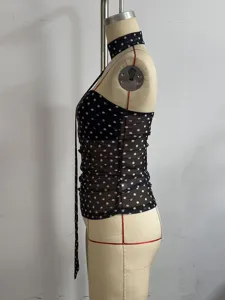 Damen Sommer Polka Dot Netz trägerloses Oberteil mit Schal Detail, sexy rückenloses Design.