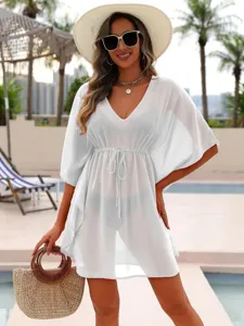 Dames Resort Strand Jurk V-Hals Vleermuismouw Trekkoord Losse Cover-Up Sexy Effen Kleur Polyester Casual Strandkleding
