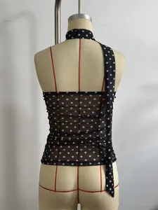 Damen Sommer sexy rückenfreies Polka Dot Mesh Halter Top mit Schal Detail stylisch fashion