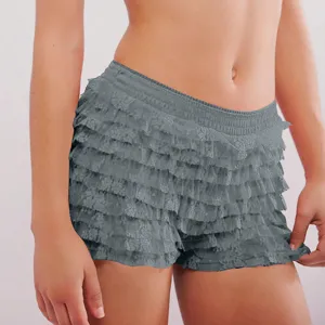 Grey layered ruffled lace shorts, low-waisted cute lolita mini hot pants for women summer.