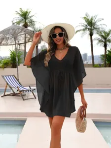 Dames zwarte chiffon strandjurk V-hals trekkoord taille zomer vakantie outfit