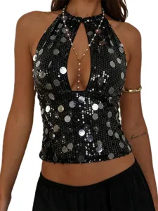 Women's Sexy Halter Neck Backless Sequin Camisole Summer Fashion Slim Fit Sleeveless Cami Top Party Clubwear
