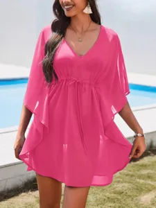 Vrouwen fuchsia chiffon strandjurk v-hals trekkoord badmode bikini cover up