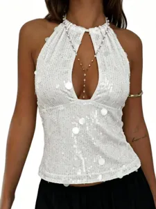 Women white sequin halter top sexy backless sleeveless party summer clubwear blouse