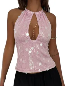 Women's sexy sequin halter top summer sleeveless backless keyhole party clubwear camisole