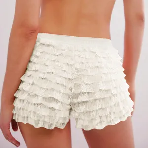 Women white lace ruffled shorts lolita style layered beach hot pants detail view
