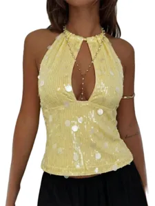 Women's Sexy Sequin Halter Neck Backless Sleeveless Party Club Crop Top Summer Fashion