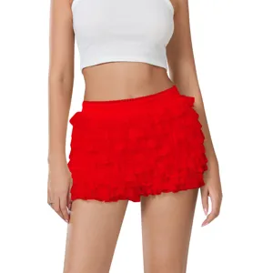 Women's sexy low-waist ruffled layered lace miniskirt shorts solid color beach wear.