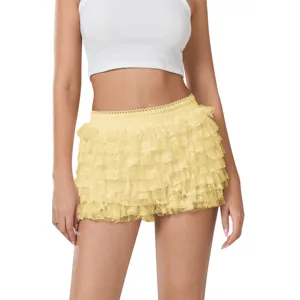 Women yellow tiered lace ruffle mini skirt lolita low waist cute shorts summer apparel