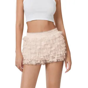 Detail shot of women lace ruffled tiered shorts skirt, low waist Lolita style summer wear.
