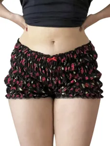 Shorts vita bassa stampa ciliegie volant sexy smock hot pants carina pizzo casual chic