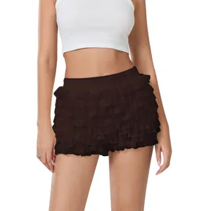 Dark brown ruffle lace mini shorts, sexy low waist tiered skirt pants for women summer.