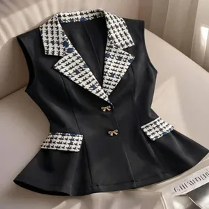 Gilet Blazer da Donna con Colletto a Contrasto Pied de Poule Senza Maniche Orlo a Coda di Pesce Bottone Oro Pendolare Ufficio