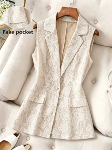 Close-up detail of beige lace women vest showing fake pocket design and fine fabric.