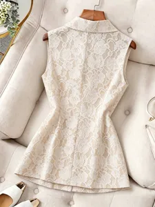 Apricot lace sleeveless suit vest lapel waist-cinching mid-length blazer for women.