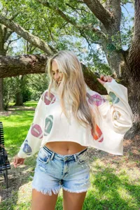 Women rhinestone football sweatshirt casual cropped long sleeve pullover top white