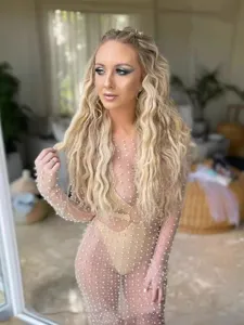 Vestido largo transparente de malla de manga larga con perlas y pedrería para mujer
