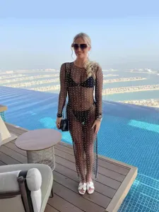 Vestido largo transparente de malla con cuentas sexy para mujer cobertura con diamantes