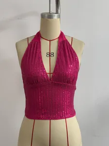 Hot pink sequin halter crop top, sparkly backless sleeveless summer top detail view.