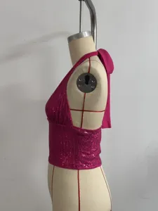 Sexy pink sequin halter crop top for women, stylish backless party sleeveless vest.