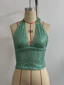 Green sequin halter crop top, sexy V-neck backless sleeveless summer party club wear.