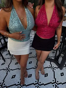 Women's Sexy Sequined V-Neck Halter Backless Camisole Summer Slim Fit Sleeveless Party Club Wear Top