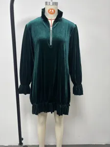 Vintage crystal velvet long sleeve dress with zip stand collar and ruffle details.