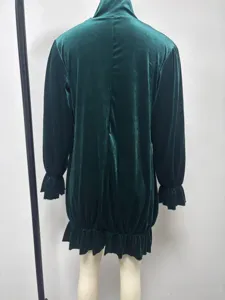 Vintage crystal velvet long sleeve stand collar ruffle loose dress for women daily wear.